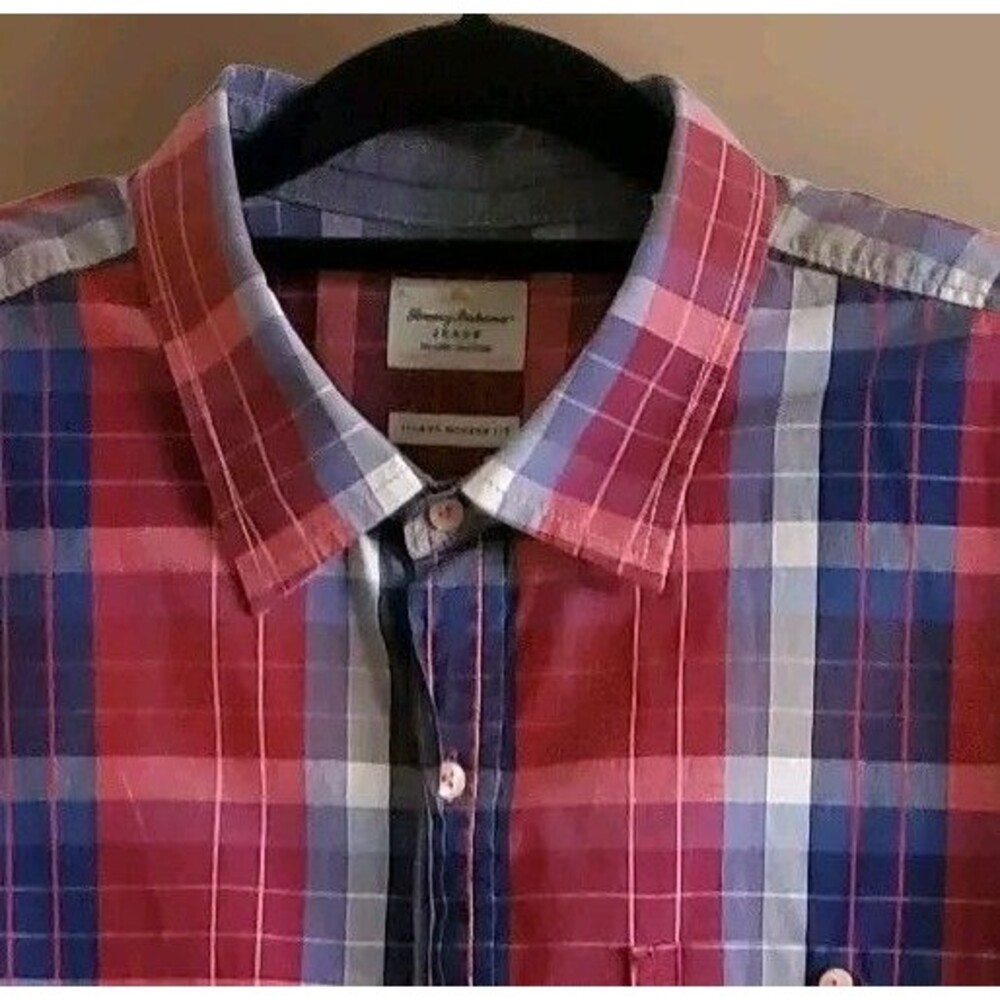 Tommy Bahama Button Up Men's 2XL Shirt Plaid  Burgundy Blue Preppy Resort Casual